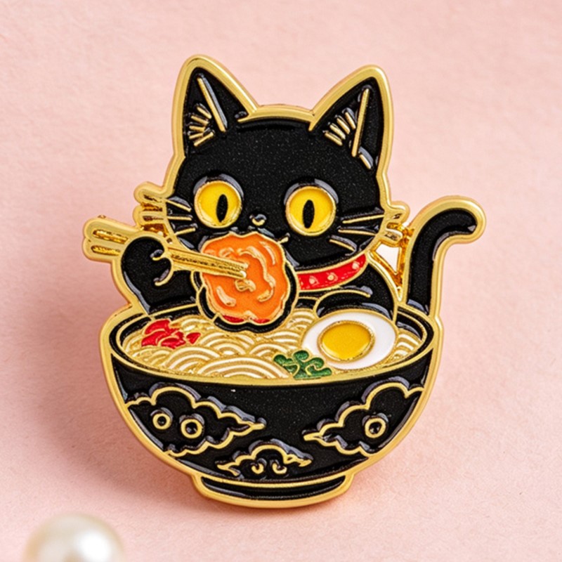 Милый черный кот, едящий лапшу – обзор и цена Enamel Pin Set